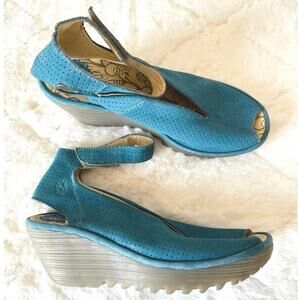 Fly London Yala Teal Blue Perforated Leather Wedge Ankle Sandal Sz 39/ US 8.5-9
